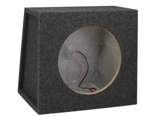 Car audio subwoofer enclosure with a cone visible on a white background