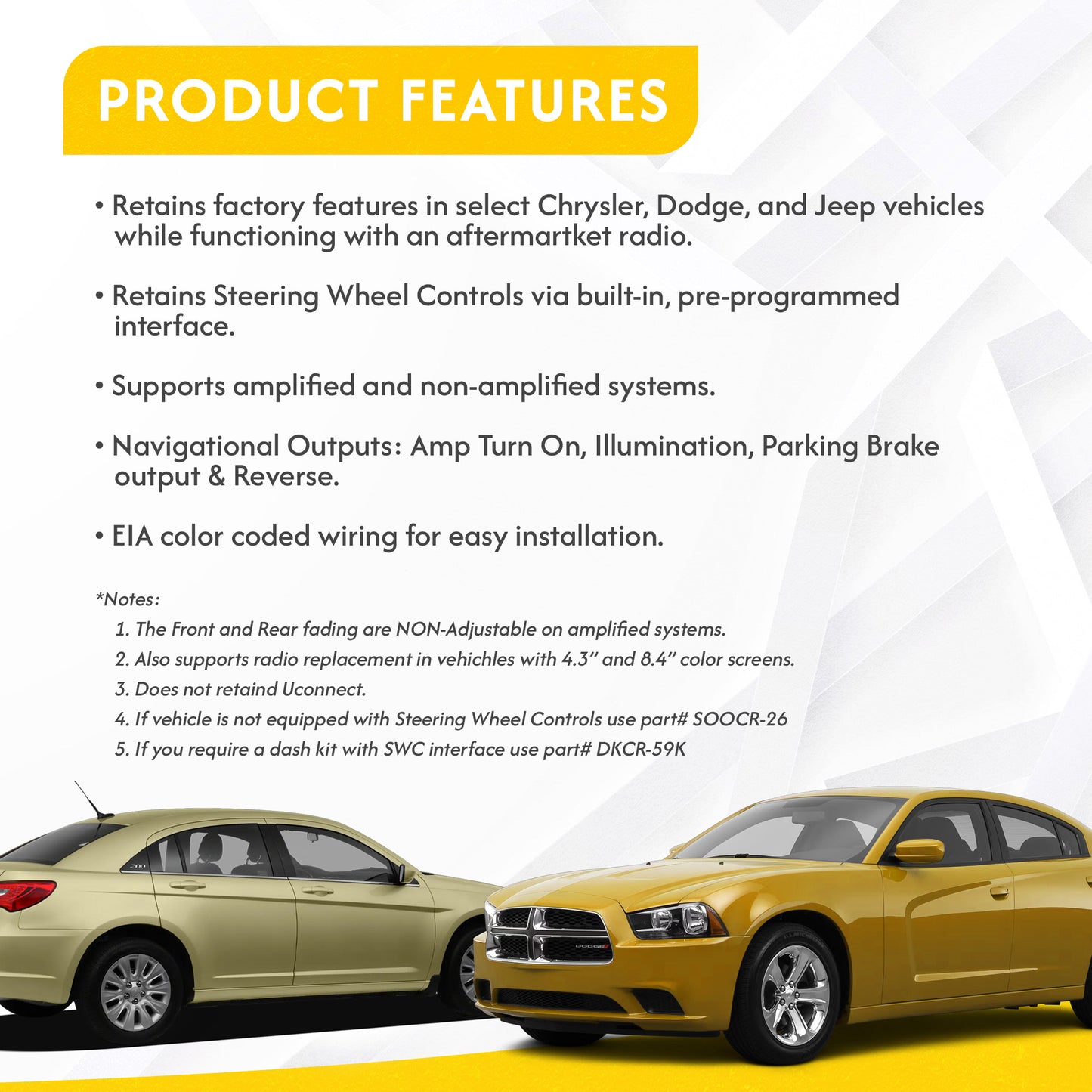 SWRCR-59 | Radio Replacement w/ SWC Retention for Chrysler, Dodge & Jeep Vehicles 2004-Up