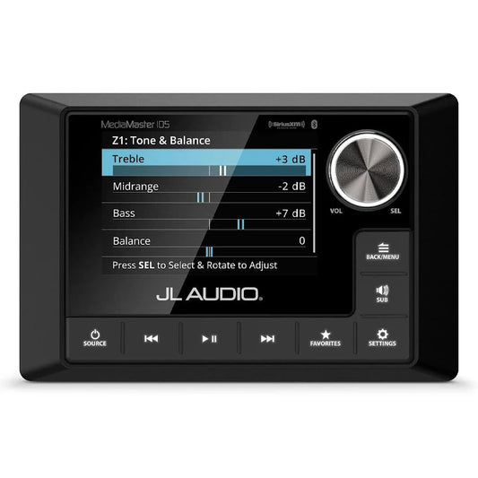 JL Audio audio control panel with display and buttons on a white background