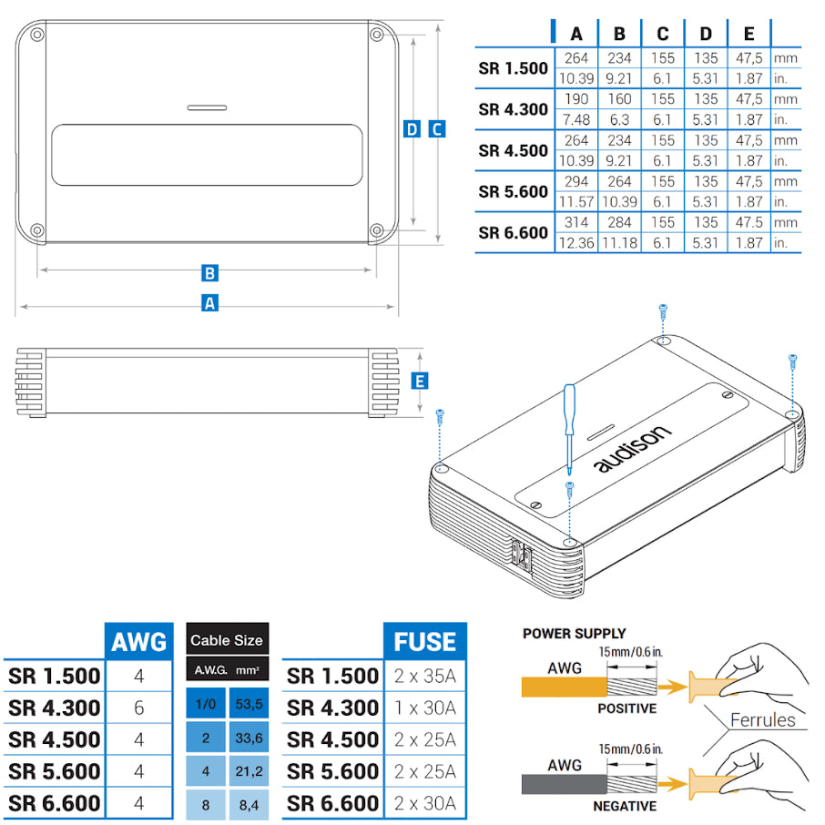 Audison SR 5.600 SR 5-channel car amplifier - 75 watts RMS x 4 at 4 ohms + 550 watts RMS x 1 at 2 ohms