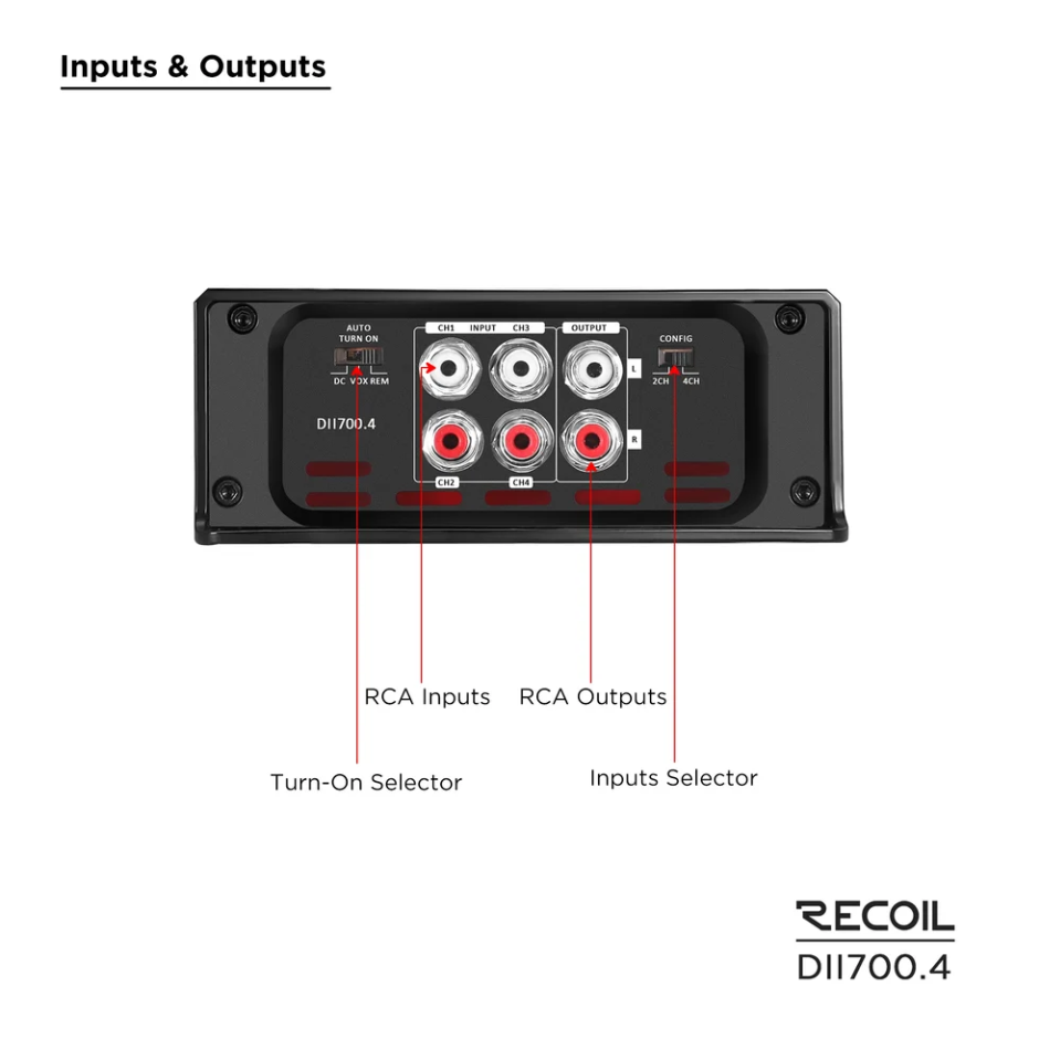 DII700.4 - Ultra Compact Full Range Class-D 4-channel Car Audio Amplifier, Max 1,400 Watts, 2-4 OHM Stable, Bridgeable