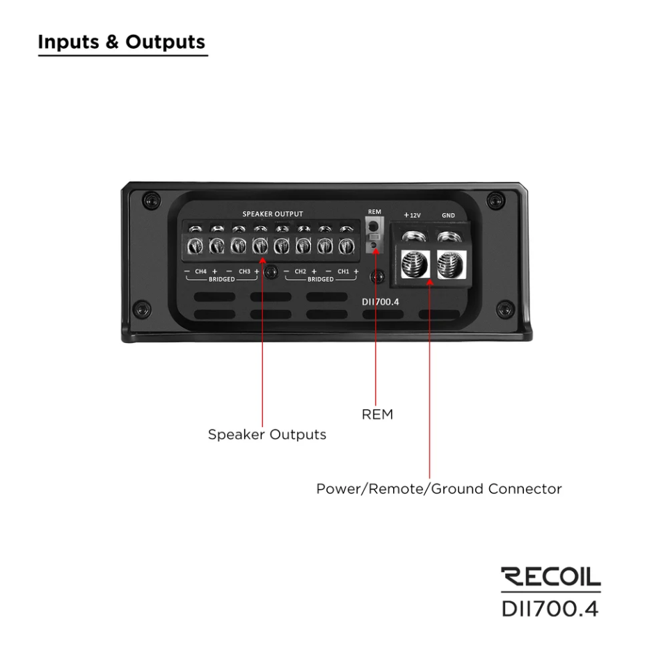 DII700.4 - Ultra Compact Full Range Class-D 4-channel Car Audio Amplifier, Max 1,400 Watts, 2-4 OHM Stable, Bridgeable