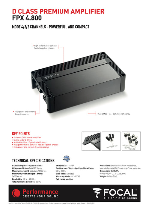 FPX4.800 FOCAL CLASS D 4/3/2 CH AMP, 4X120@4OHMS, 4X185@2OHMS, 2X370@4OHMS BRIDGED