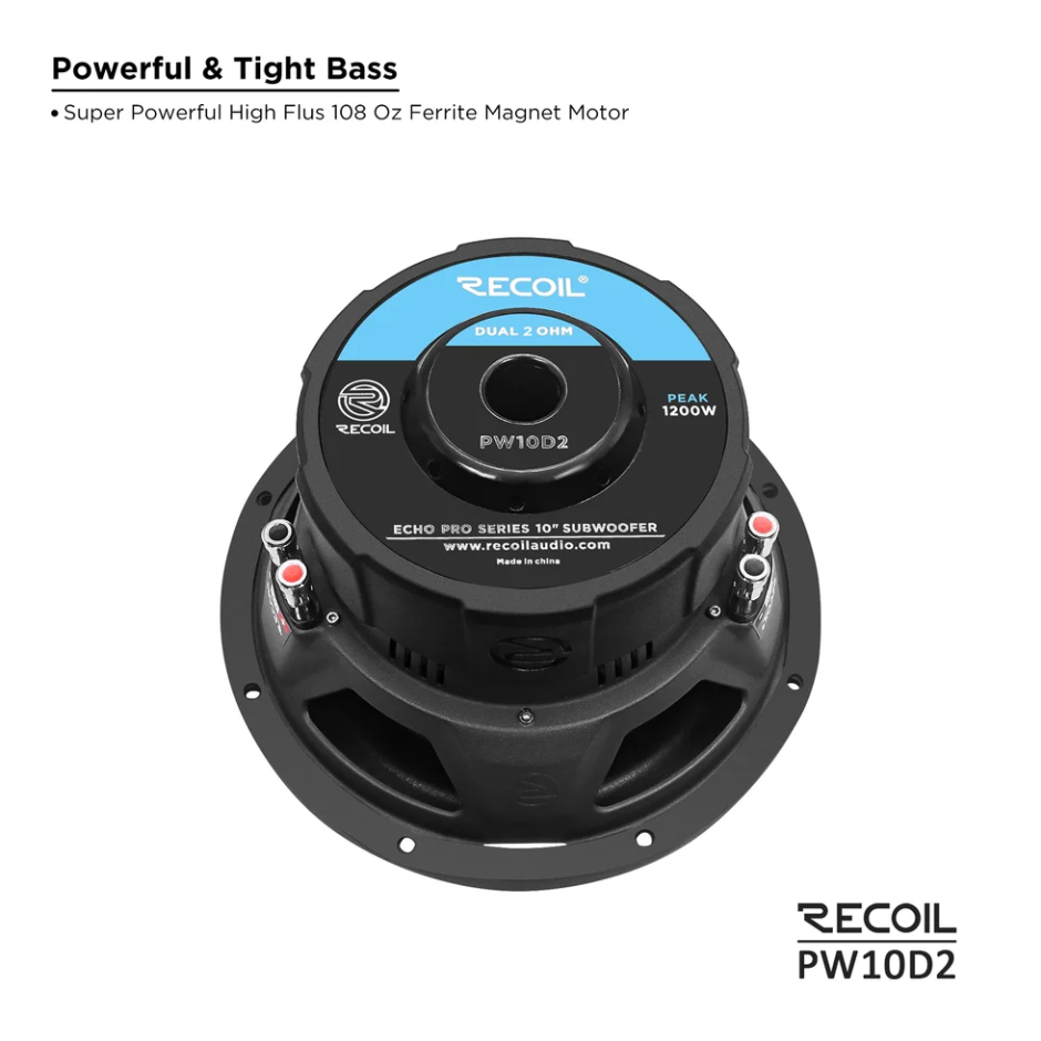 PW10D2 - Recoil Echo Pro 10 Inch Subwoofer - 1,200 Watts Power Dual 2 OHM Voice Coil