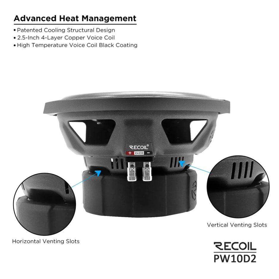 PW10D2 - Recoil Echo Pro 10 Inch Subwoofer - 1,200 Watts Power Dual 2 OHM Voice Coil