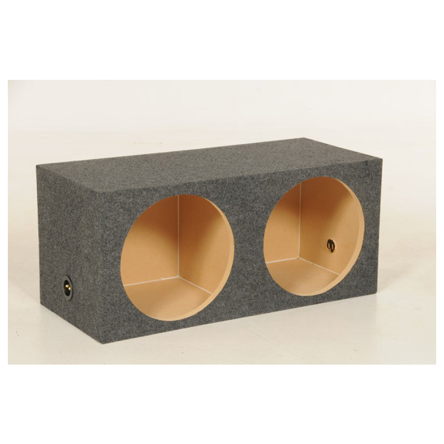 Car audio subwoofer enclosure with two circular openings on a beige background